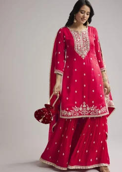 Red Zari Palazzo Suit Set With Dupatta