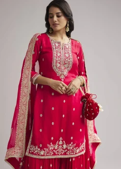 Red Zari Palazzo Suit Set With Dupatta