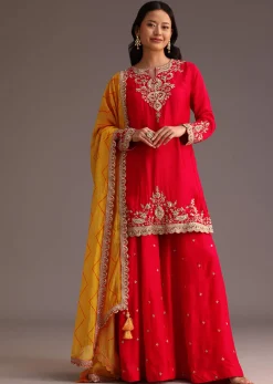 Red Zari Work Kurta Palazzo Suit With Organza Dupatta