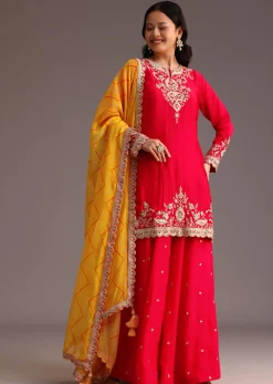 Red Zari Work Kurta Palazzo Suit With Organza Dupatta