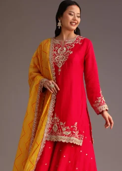 Red Zari Work Kurta Palazzo Suit With Organza Dupatta
