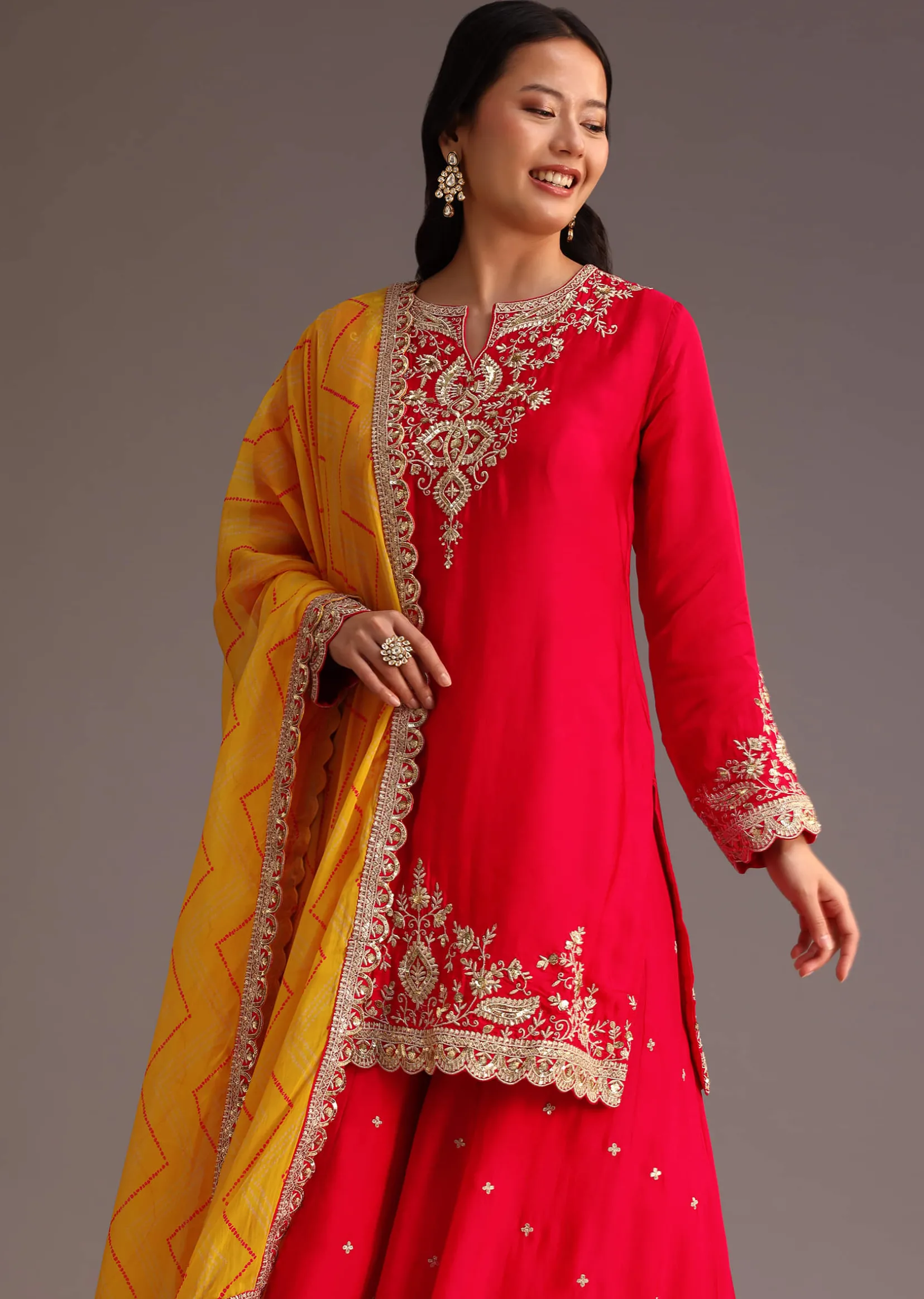Red Zari Work Kurta Palazzo Suit With Organza Dupatta