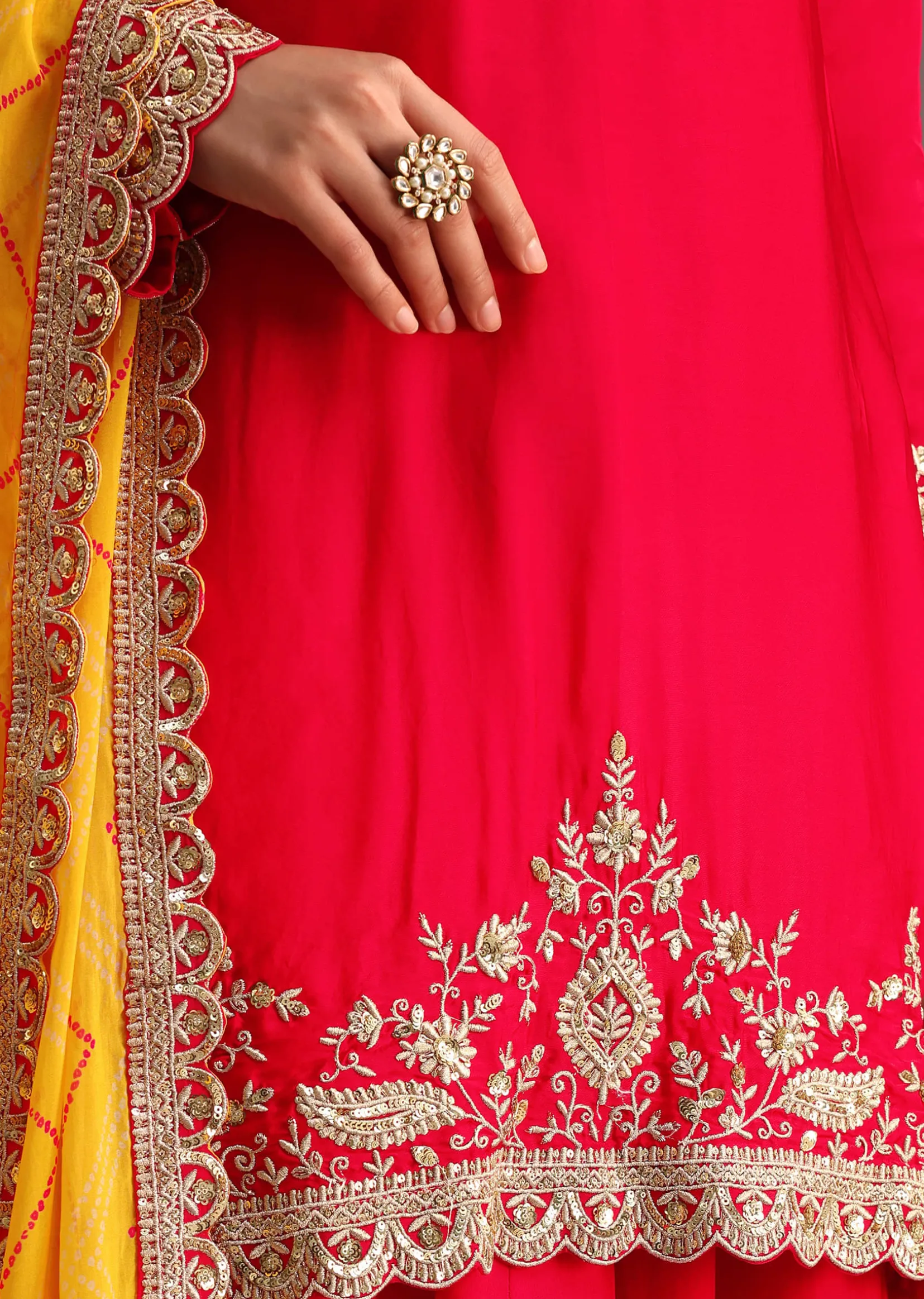 Red Zari Work Kurta Palazzo Suit With Organza Dupatta