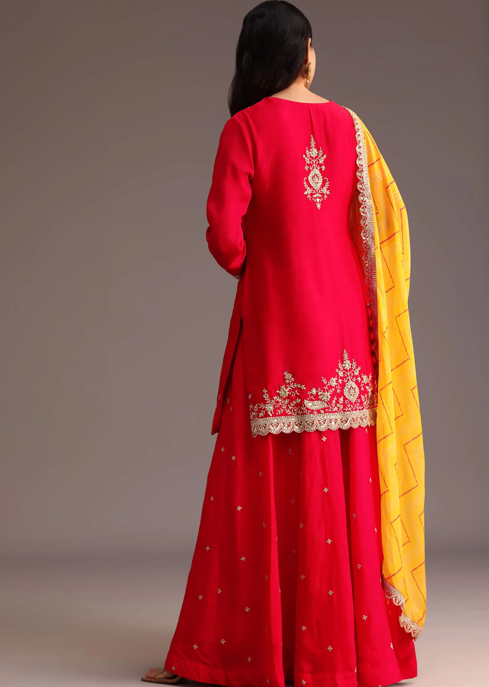 Red Zari Work Kurta Palazzo Suit With Organza Dupatta