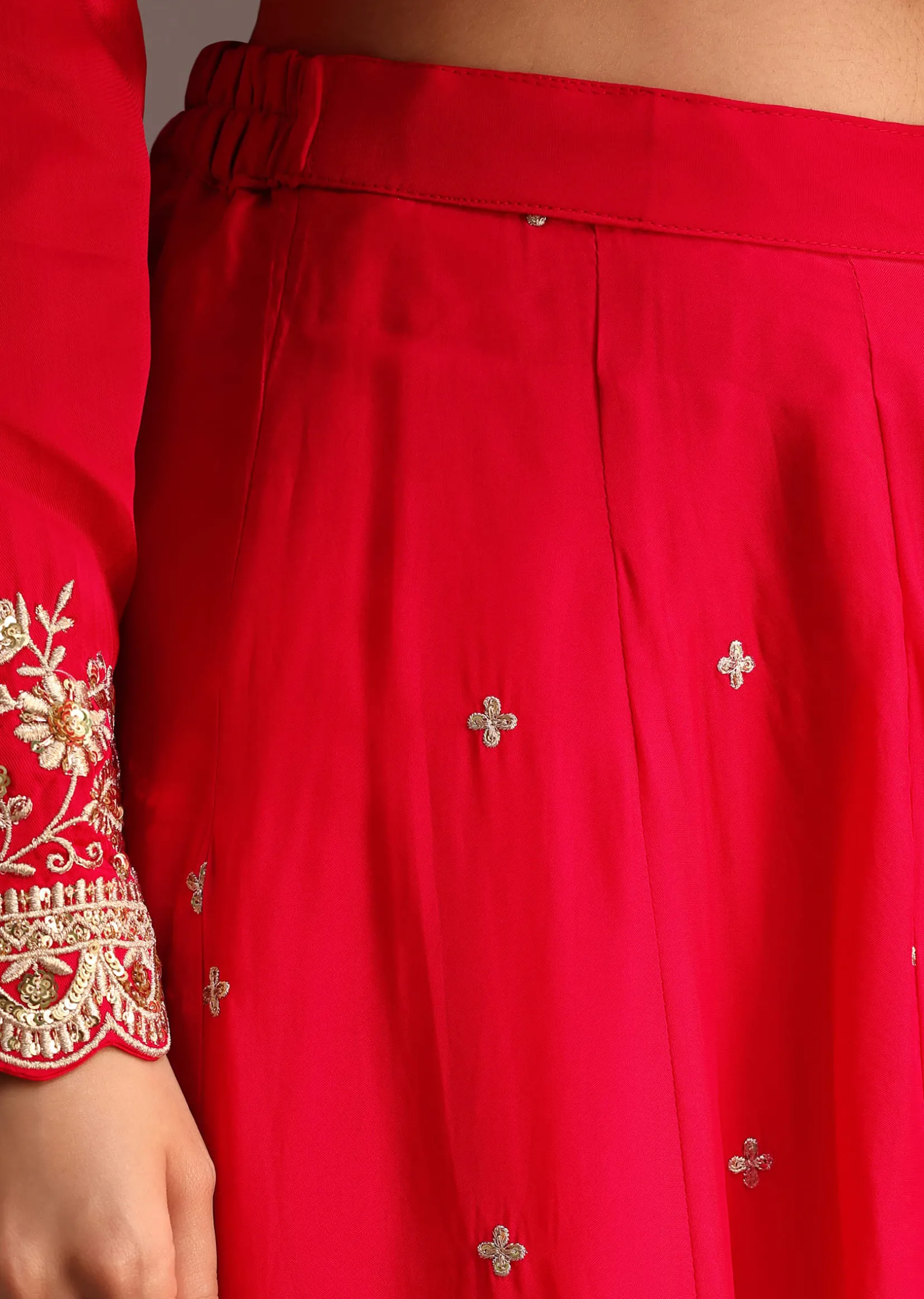 Red Zari Work Kurta Palazzo Suit With Organza Dupatta
