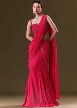 Reddish Pink Pre Stitched Draped Saree With Corset Fit Embroidered Blouse