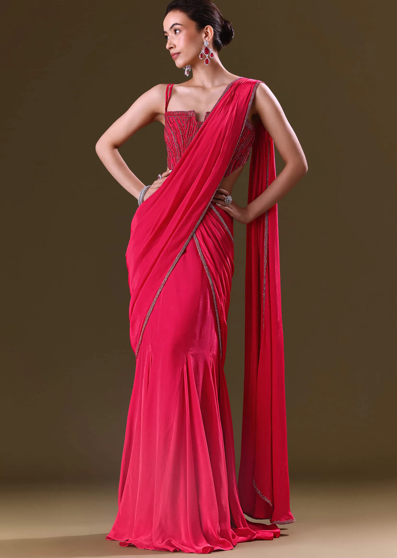 Reddish Pink Pre Stitched Draped Saree With Corset Fit Embroidered Blouse