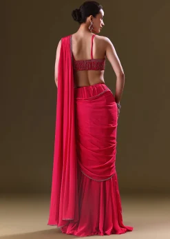 Reddish Pink Pre Stitched Draped Saree With Corset Fit Embroidered Blouse