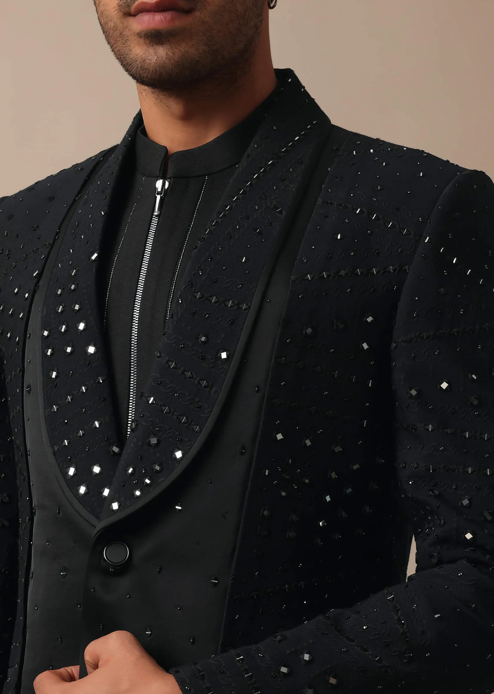 Refined Black Tuxedo Adorned with Intricate All Over Embroidery