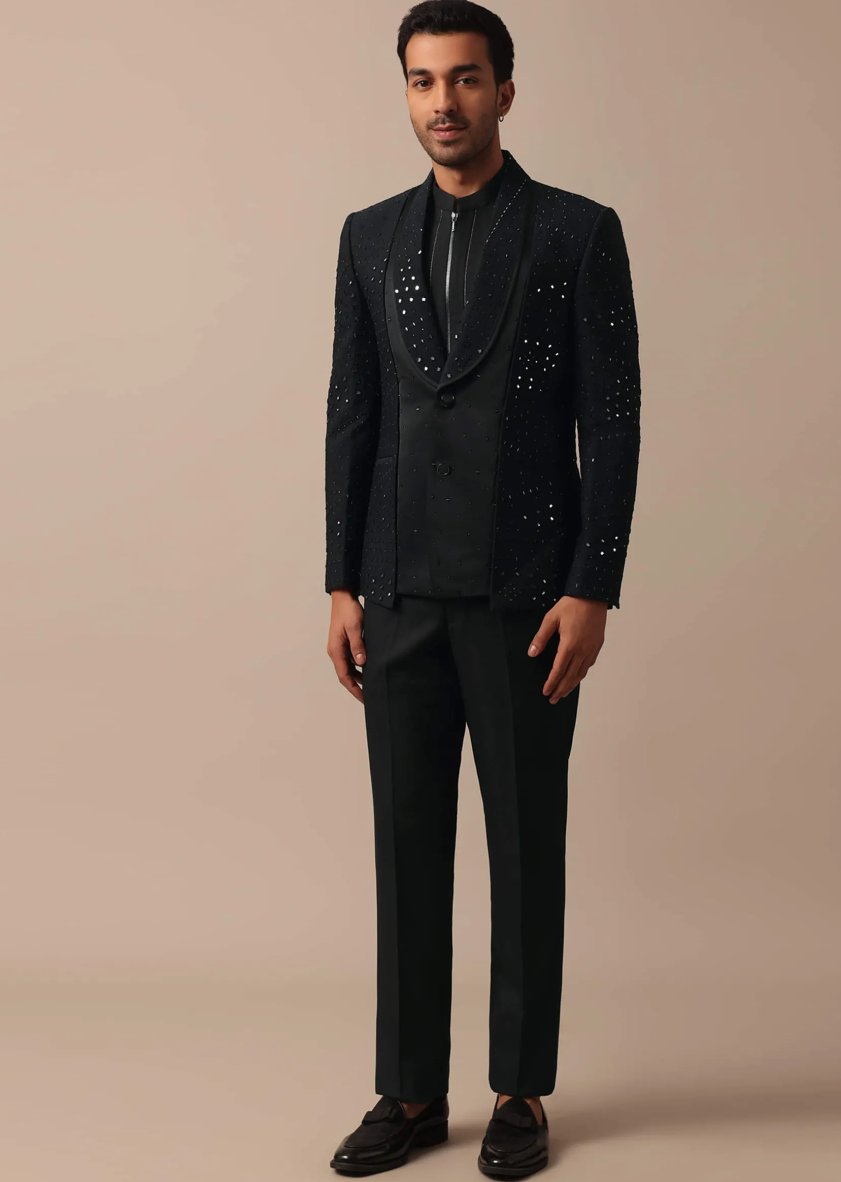 Refined Black Tuxedo Adorned with Intricate All Over Embroidery