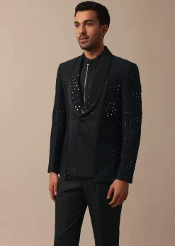 Refined Black Tuxedo Adorned with Intricate All Over Embroidery