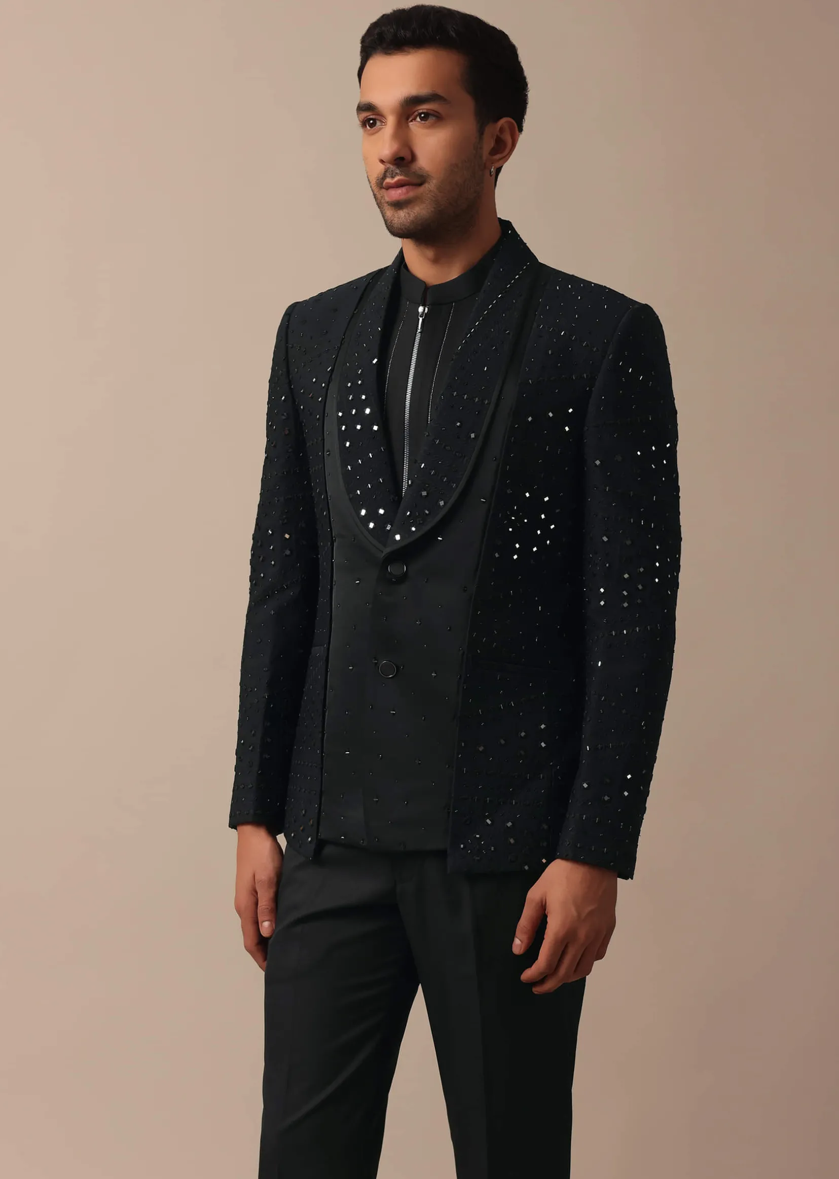 Refined Black Tuxedo Adorned with Intricate All Over Embroidery