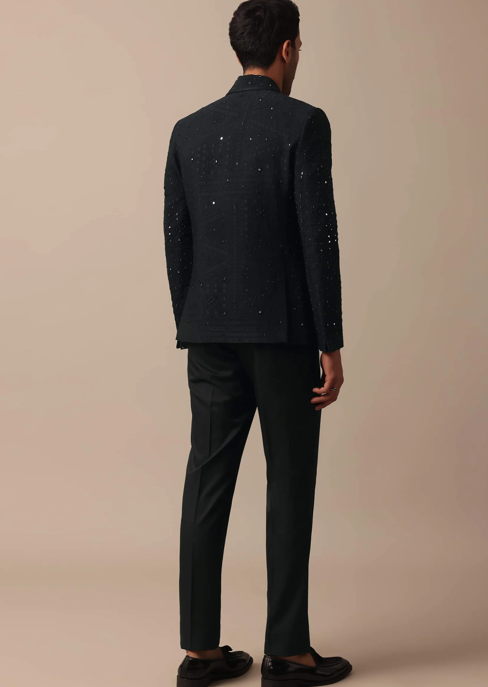 Refined Black Tuxedo Adorned with Intricate All Over Embroidery