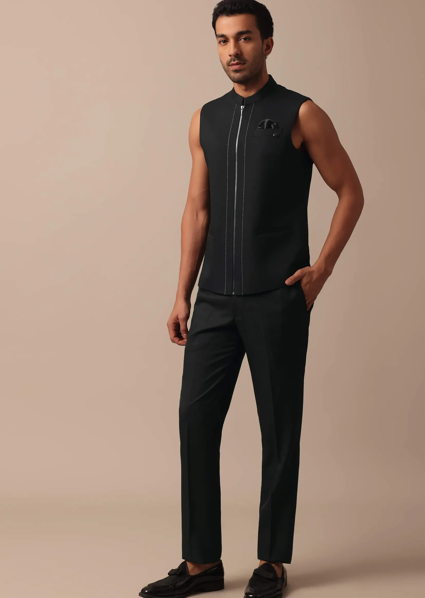 Refined Black Tuxedo Adorned with Intricate All Over Embroidery