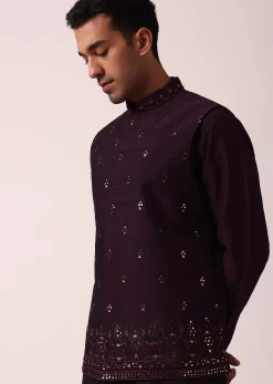 Regal Purple Cotton Silk Embroidered Jacket Kurta Set
