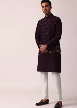 Regal Purple Cotton Silk Embroidered Jacket Kurta Set