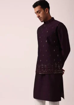 Regal Purple Cotton Silk Embroidered Jacket Kurta Set