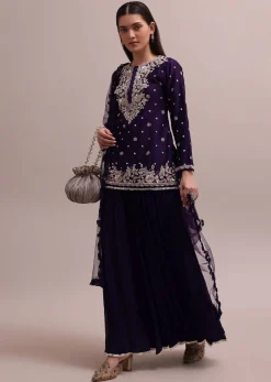 Regal Purple Heavy Zardosi Worked Short Kurta With Palazzo And Net Dupatta Set
