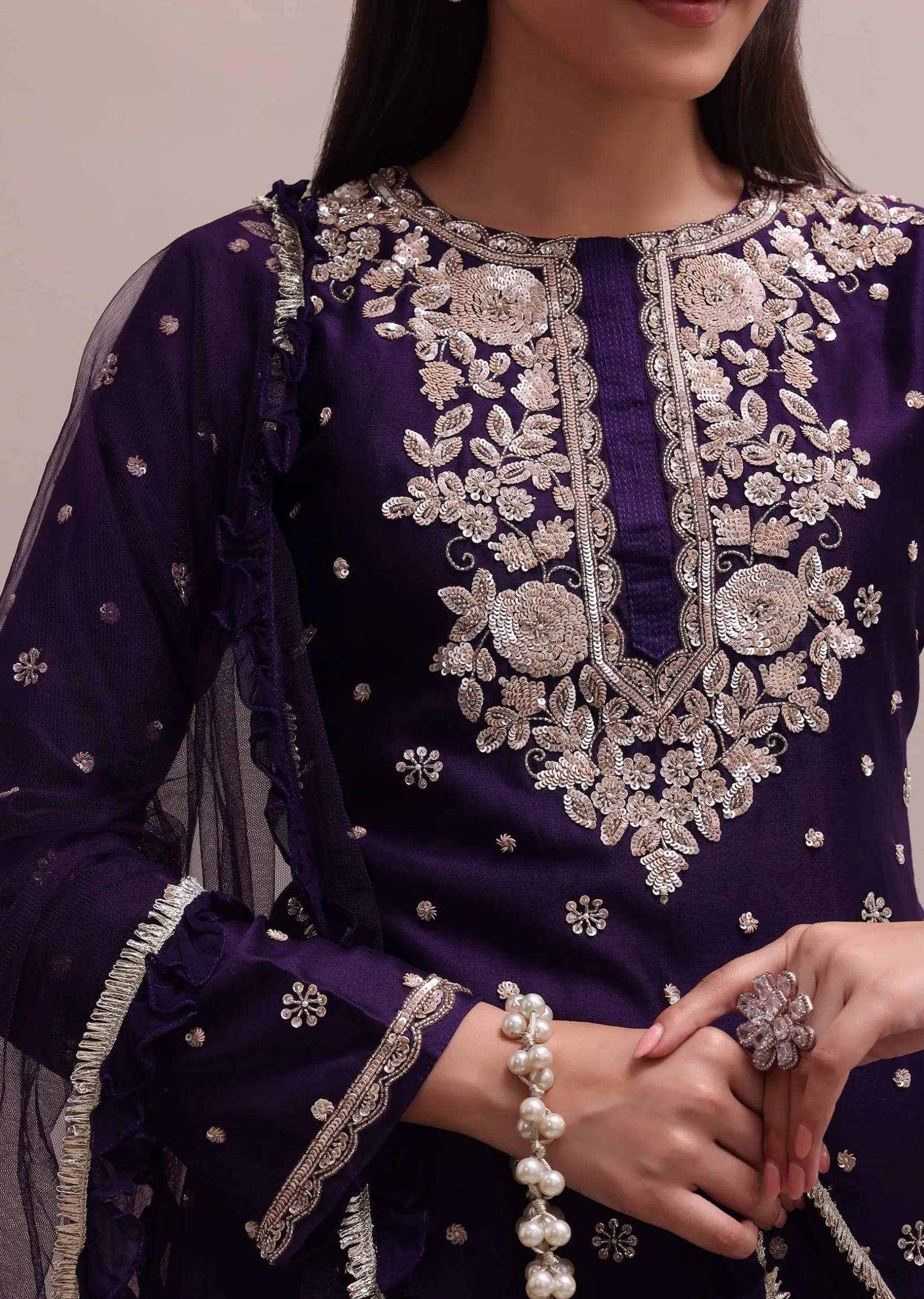 Regal Purple Heavy Zardosi Worked Short Kurta With Palazzo And Net Dupatta Set