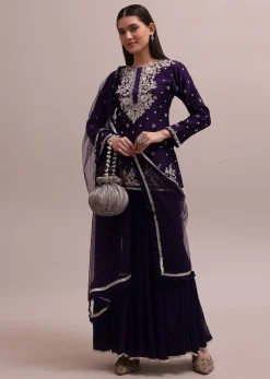 Regal Purple Heavy Zardosi Worked Short Kurta With Palazzo And Net Dupatta Set