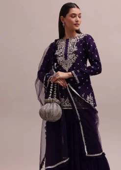 Regal Purple Heavy Zardosi Worked Short Kurta With Palazzo And Net Dupatta Set