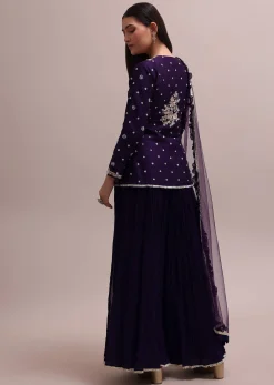Regal Purple Heavy Zardosi Worked Short Kurta With Palazzo And Net Dupatta Set
