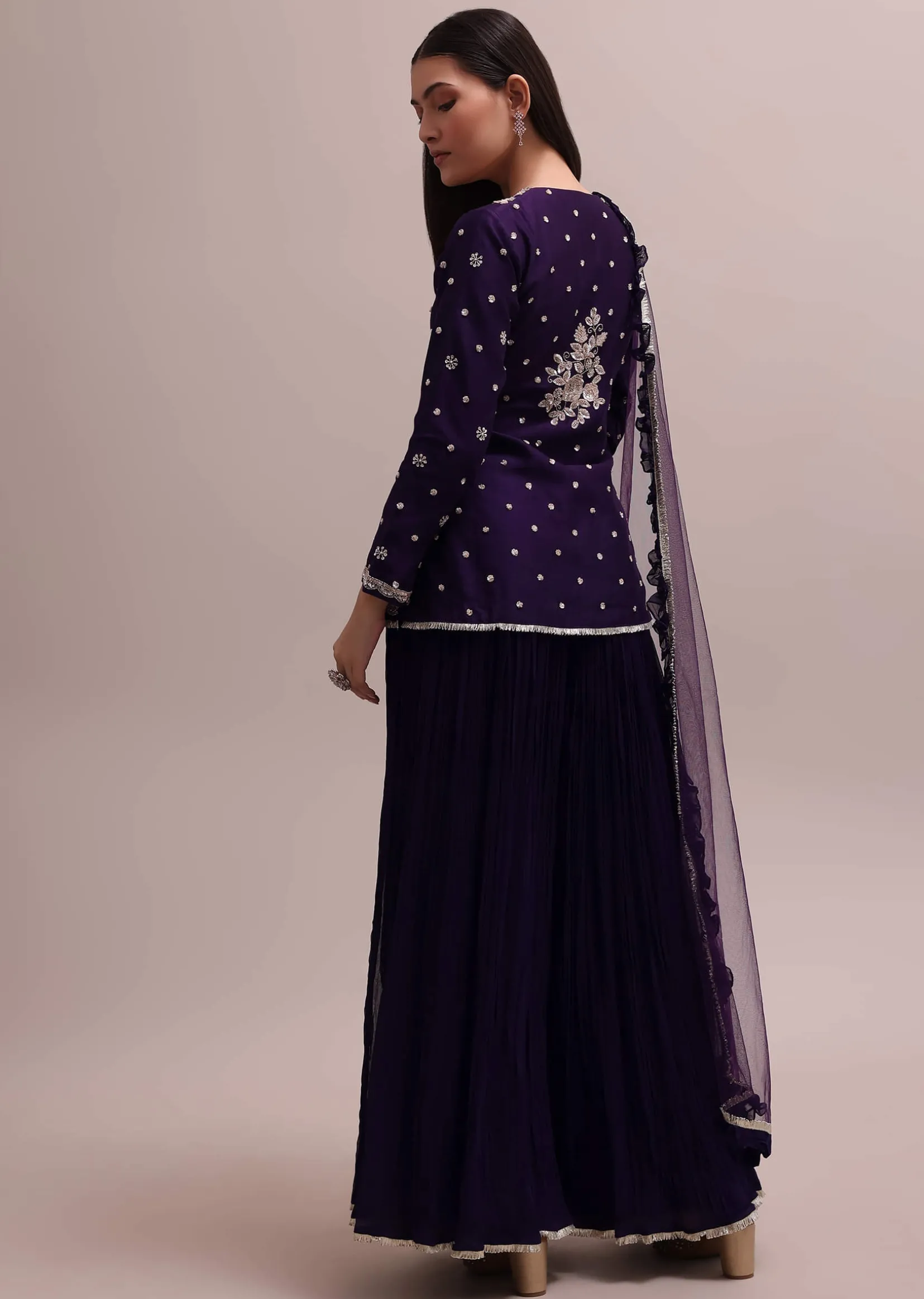 Regal Purple Heavy Zardosi Worked Short Kurta With Palazzo And Net Dupatta Set