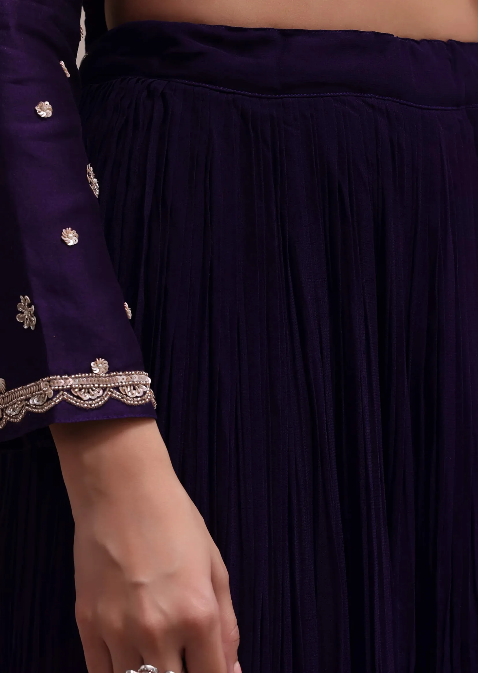 Regal Purple Heavy Zardosi Worked Short Kurta With Palazzo And Net Dupatta Set