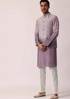Regal Purple Silk Jacket Kurta Set For Men