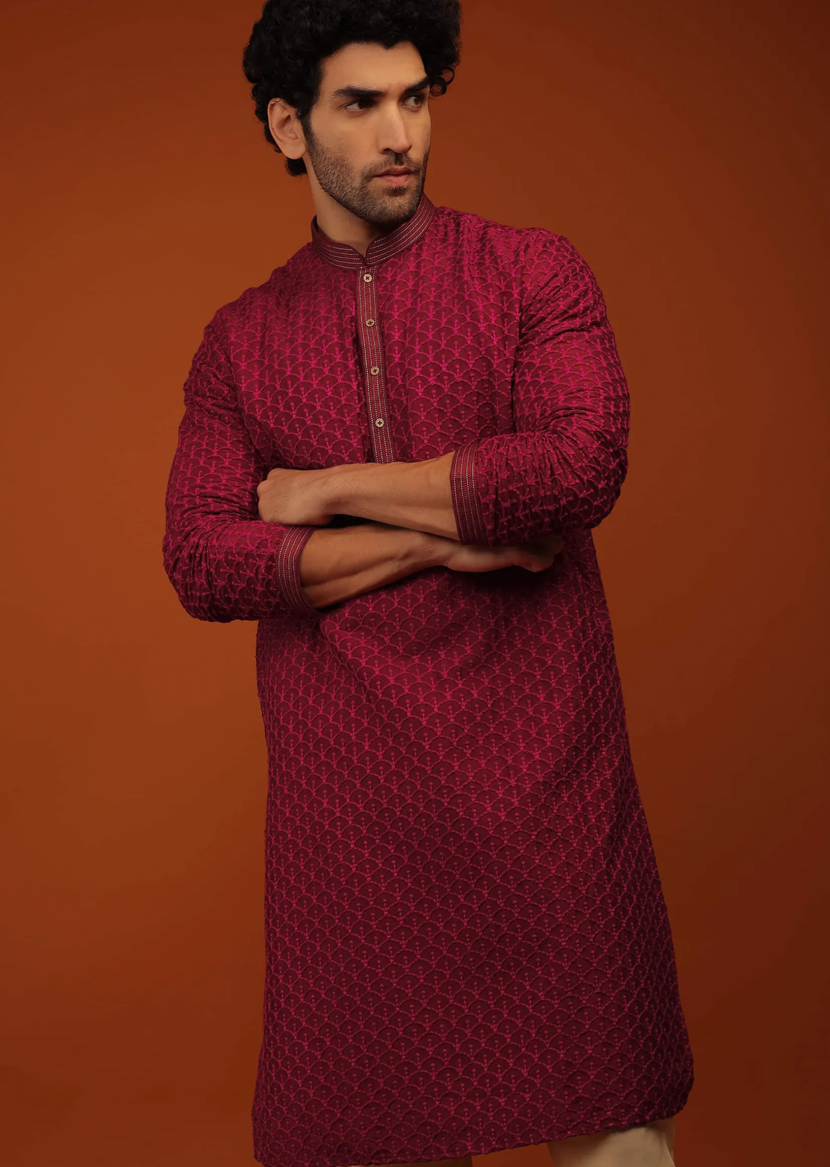 Rio Red Kurta Set In Lucknowi Embroidery