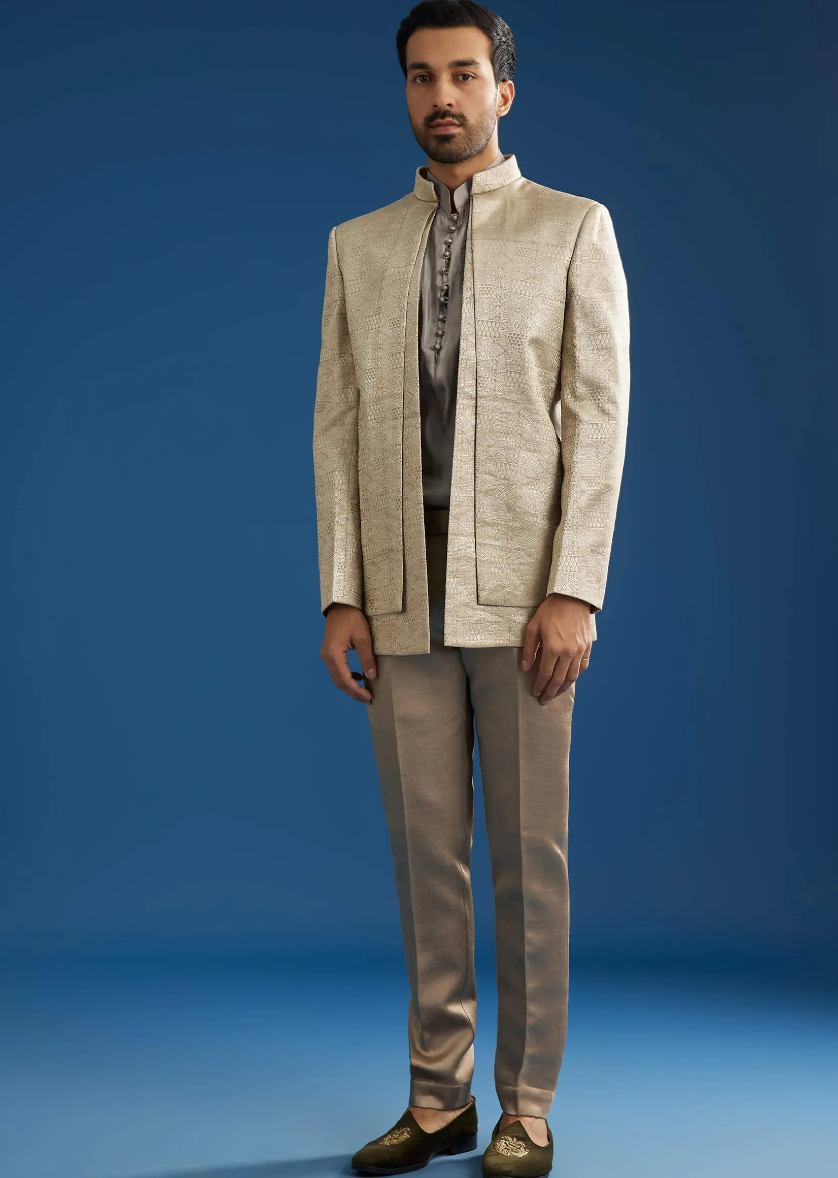 Rose Gold Banarasi Silk Jacket Kurta Set