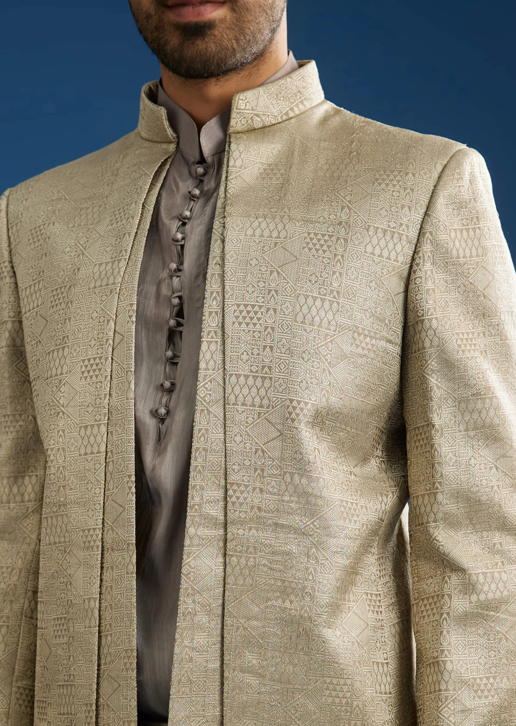 Rose Gold Banarasi Silk Jacket Kurta Set