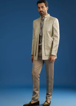 Rose Gold Banarasi Silk Jacket Kurta Set