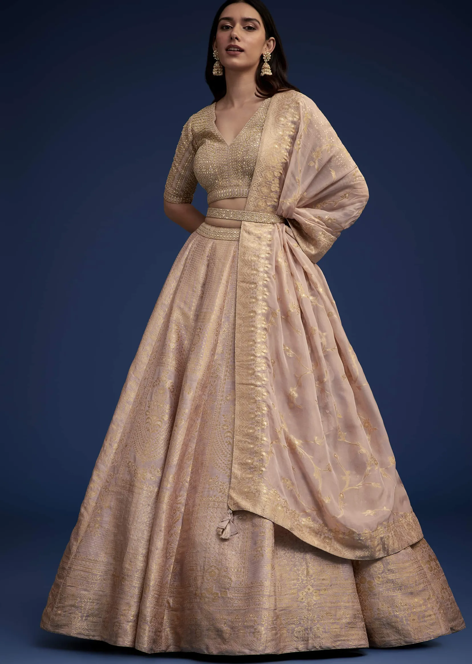 Rose Gold Brocade Lehenga Set With Belt