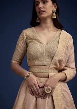 Rose Gold Brocade Lehenga Set With Belt