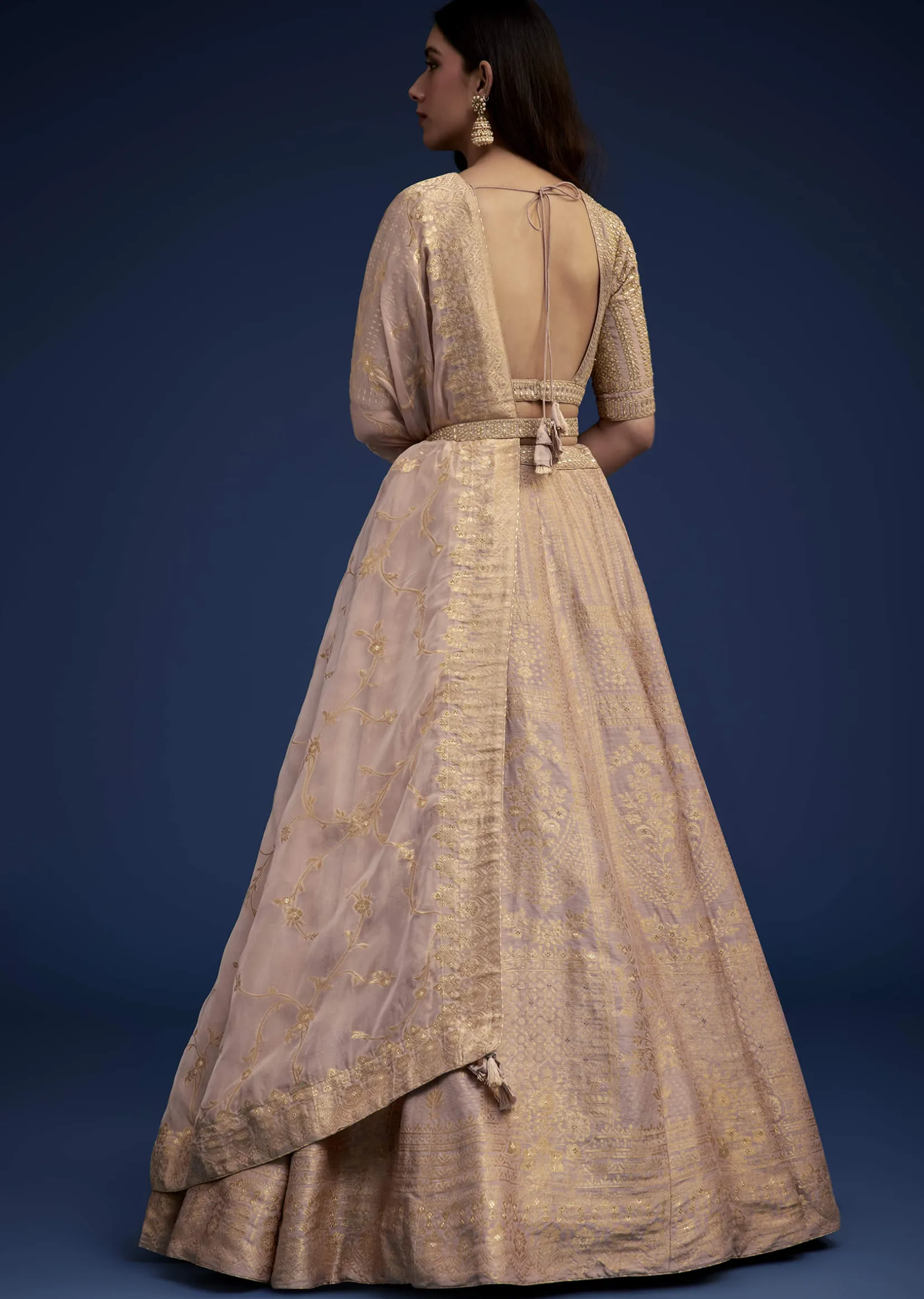 Rose Gold Brocade Lehenga Set With Belt