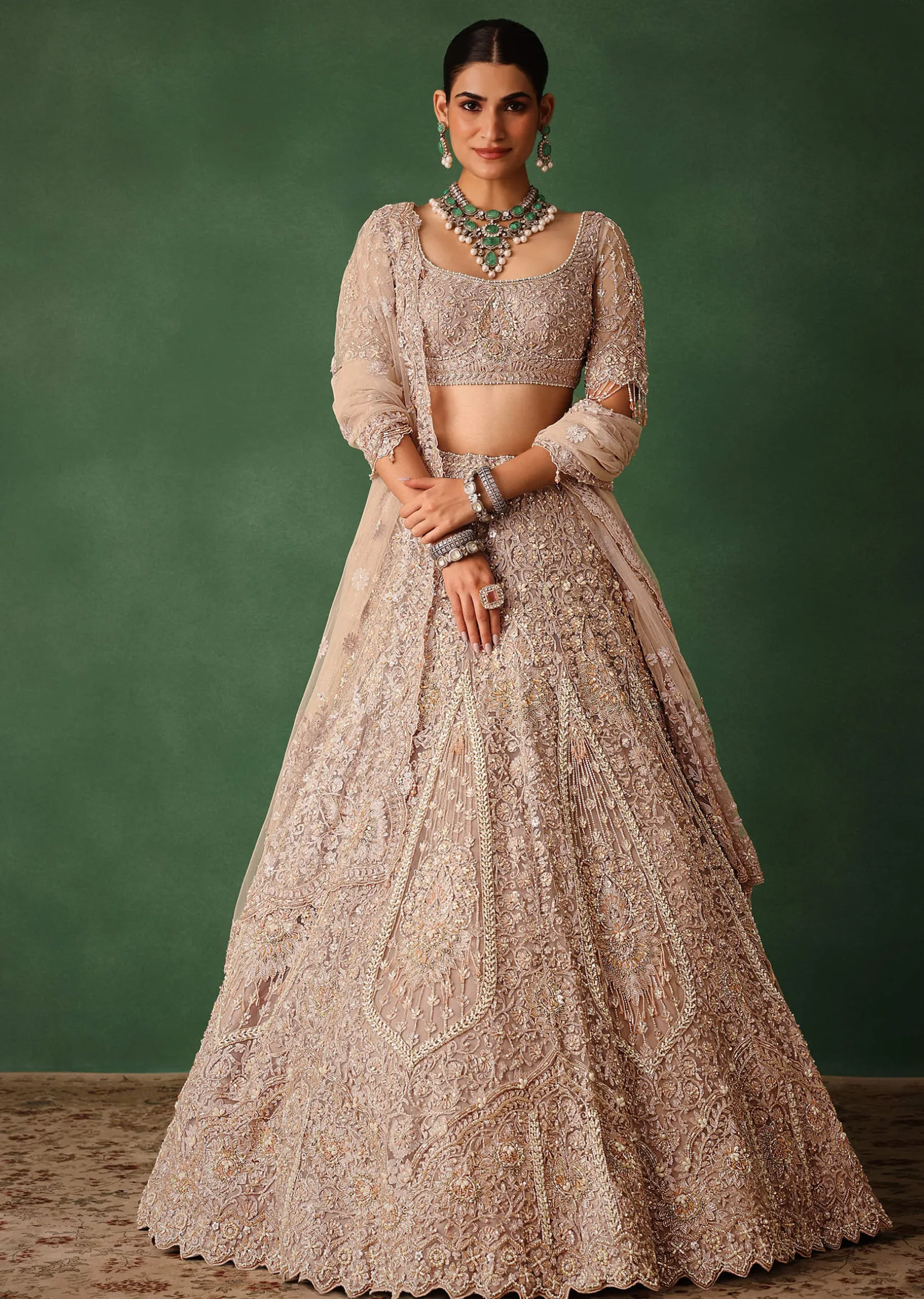 Rose Gold Hand Embroidered Lehenga Set With Dupatta