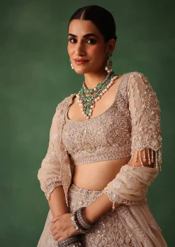 Rose Gold Hand Embroidered Lehenga Set With Dupatta