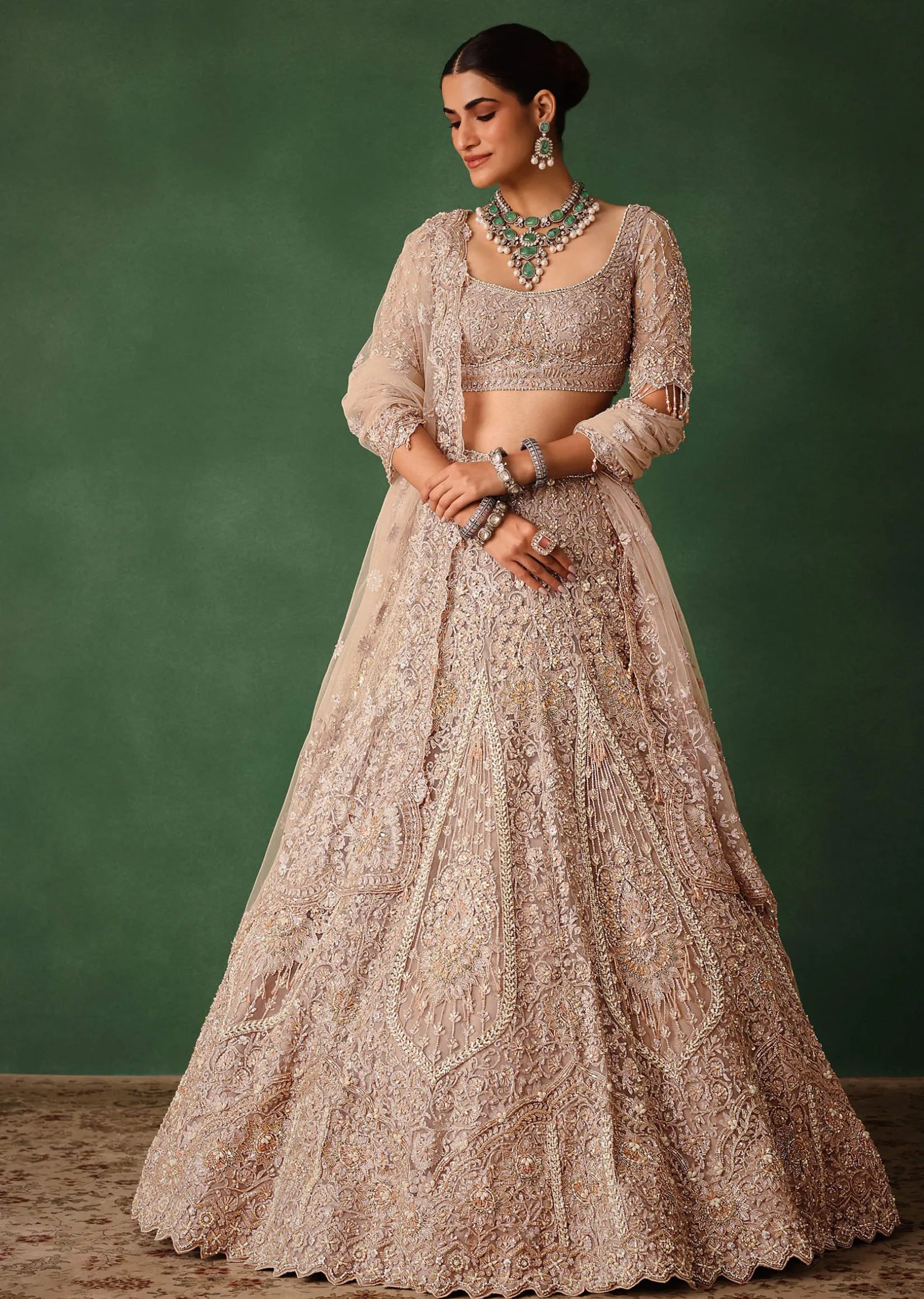 Rose Gold Hand Embroidered Lehenga Set With Dupatta