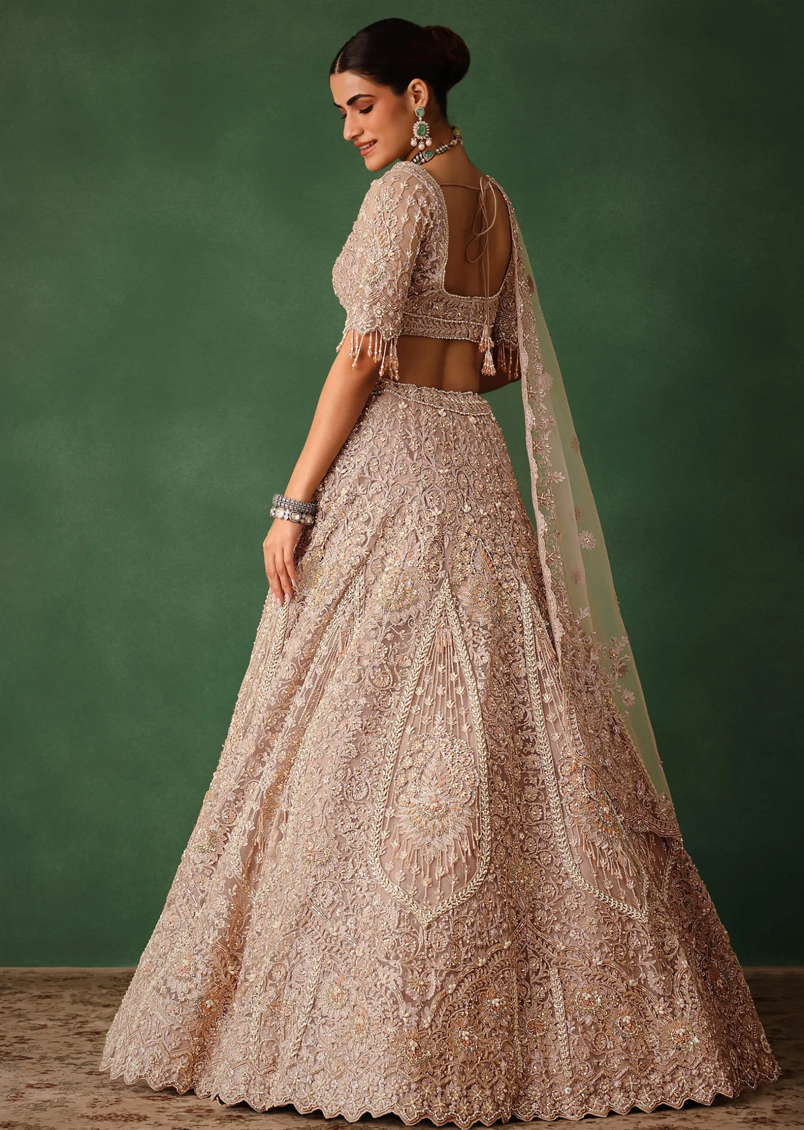 Rose Gold Hand Embroidered Lehenga Set With Dupatta