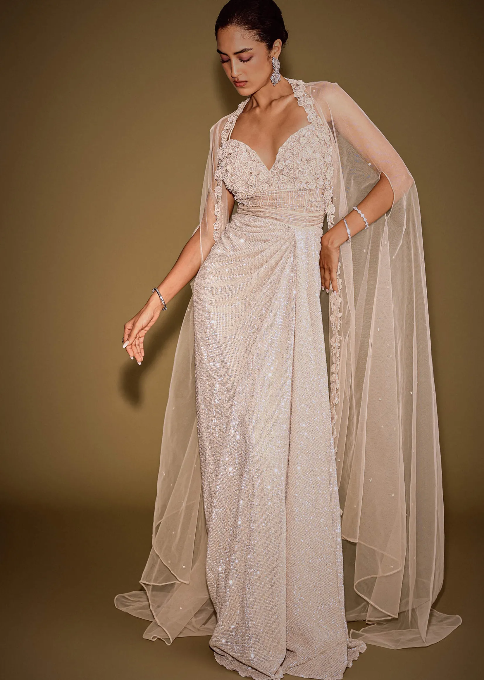 Rose Gold Shimmer Corset Gown With And Embellished Cape