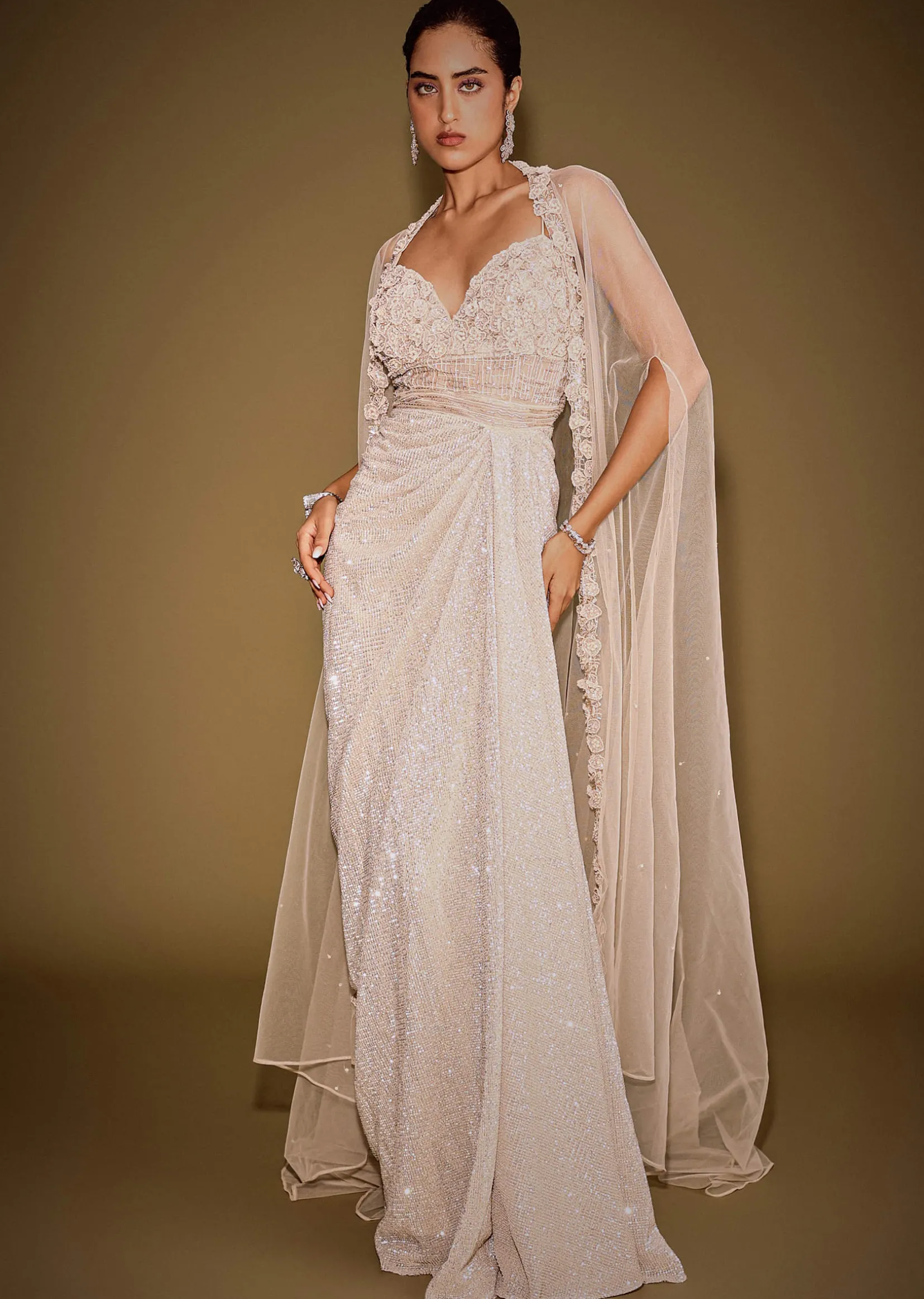 Rose Gold Shimmer Corset Gown With And Embellished Cape