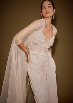 Rose Gold Shimmer Corset Gown With And Embellished Cape