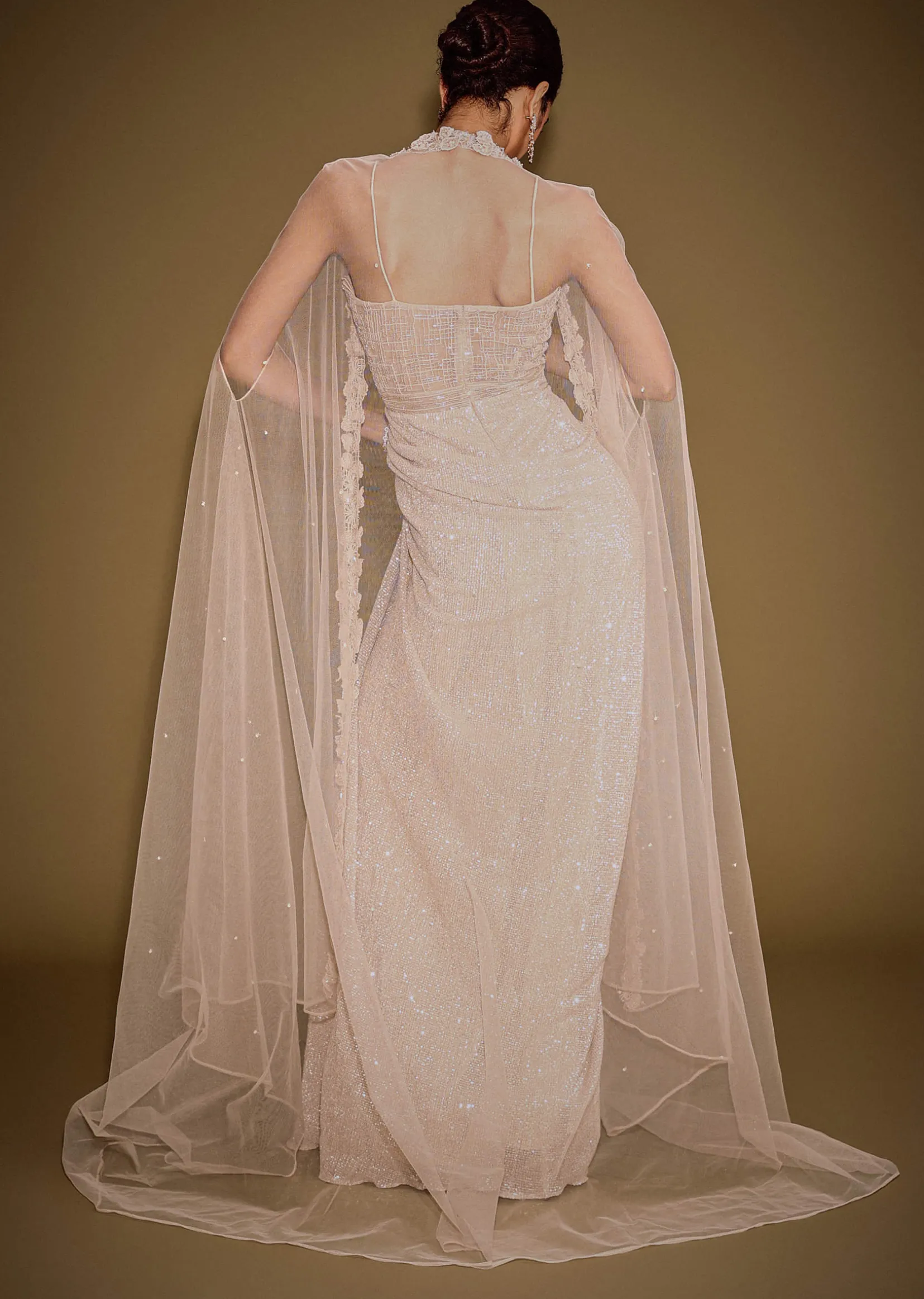 Rose Gold Shimmer Corset Gown With And Embellished Cape