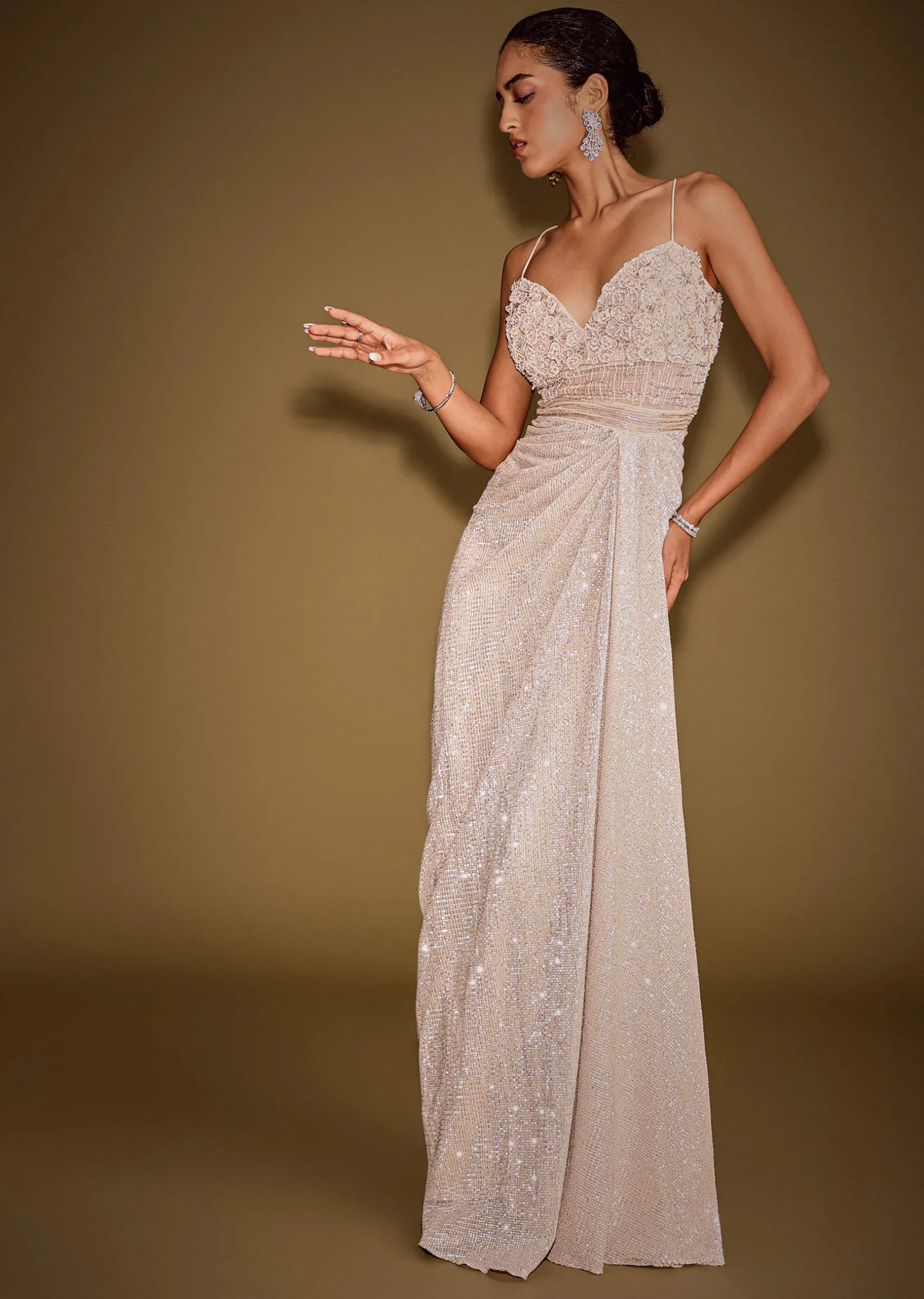 Rose Gold Shimmer Corset Gown With And Embellished Cape