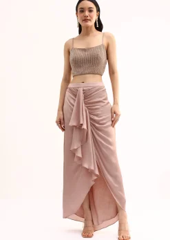 Rose Gold Stone Embroidered Silk Crop Top Set With Jacket