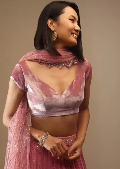 Rose Gold Velvet Blouse In Cap Sleeves With A Sweetheart Neckline Padded And A Back Hooks Closure