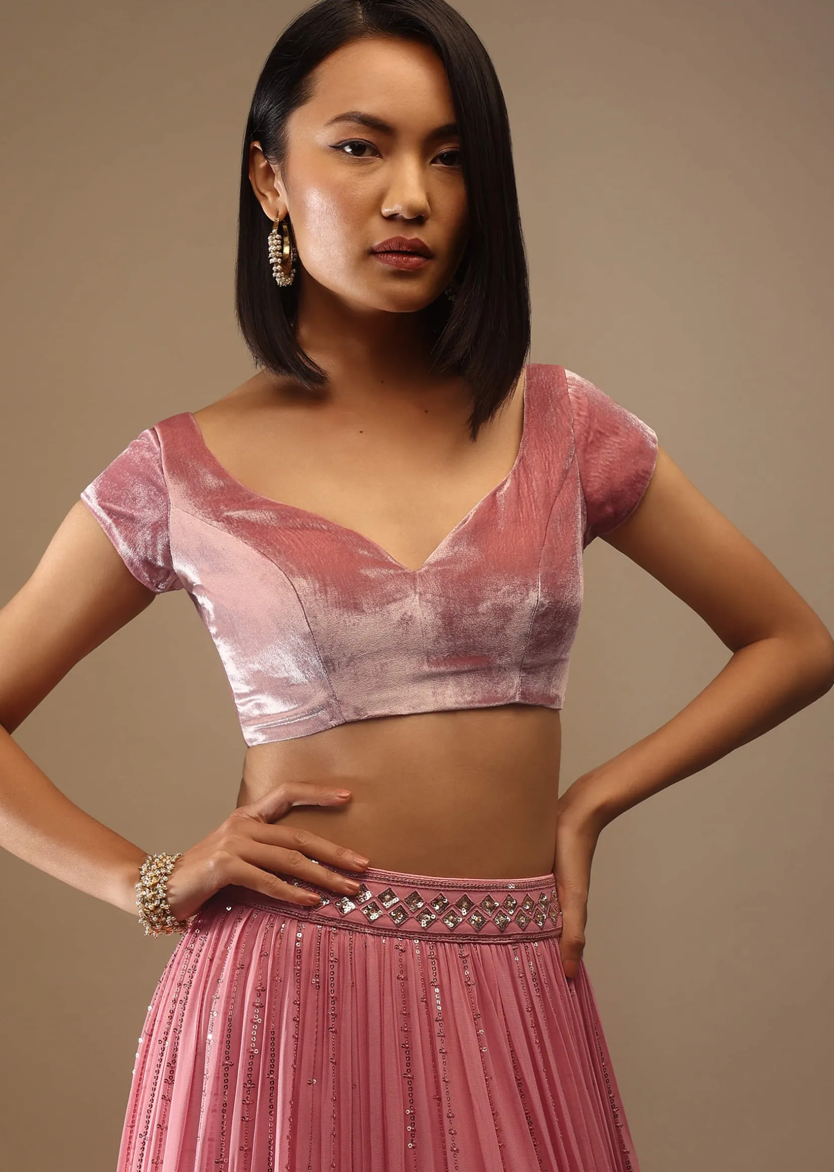 Rose Gold Velvet Blouse In Cap Sleeves With A Sweetheart Neckline Padded And A Back Hooks Closure