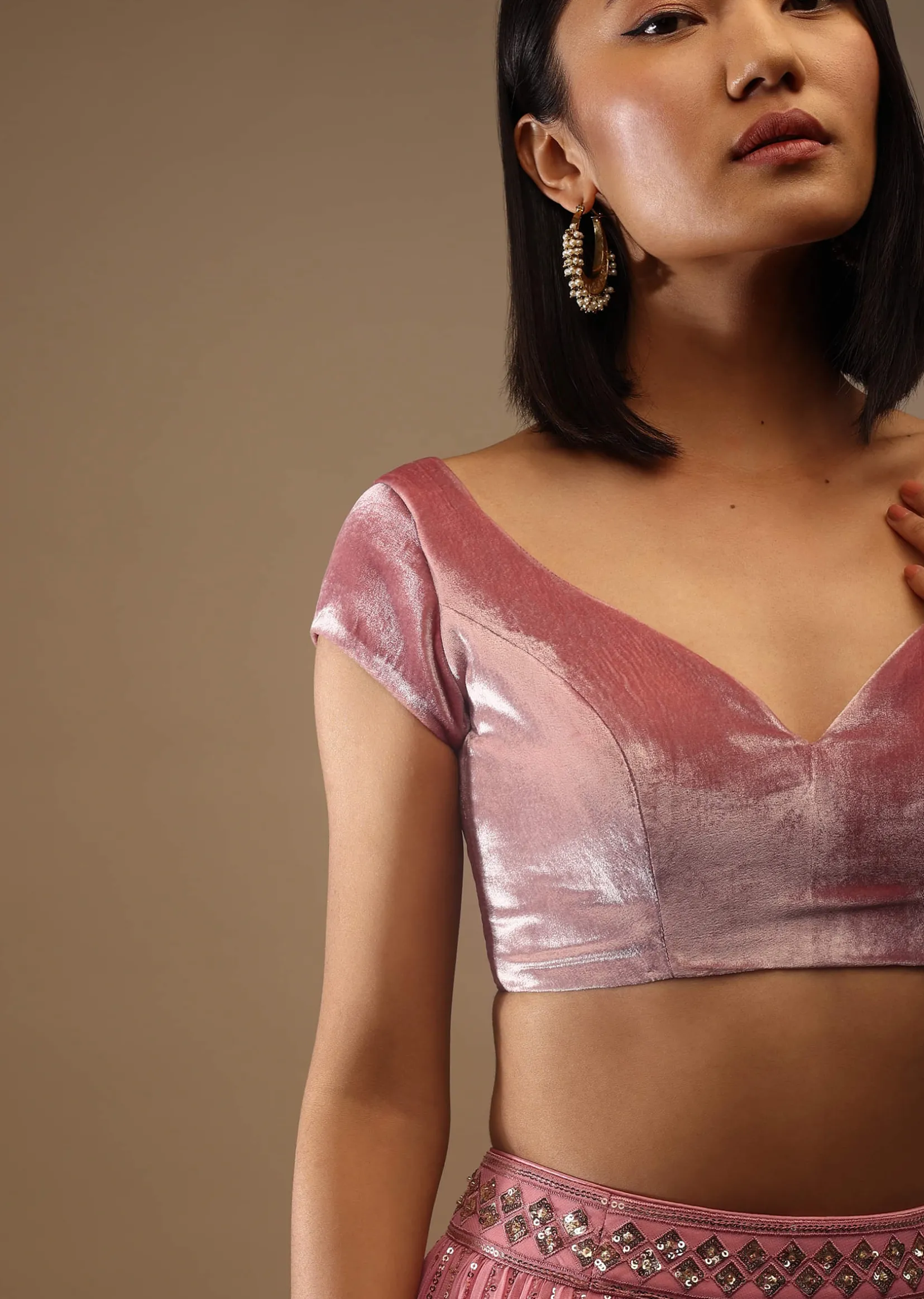 Rose Gold Velvet Blouse In Cap Sleeves With A Sweetheart Neckline Padded And A Back Hooks Closure