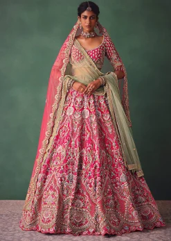 Rose Pink Bridal Lehenga With Scoop Neckline Blouse And Hand Work Dupatta